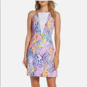 Lilly Pulitzer Pearl Multicolor Print Shift Dress Crochet Neck Sleeveless Size